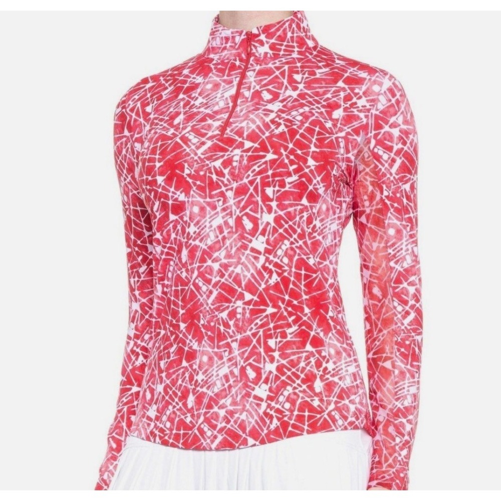 IBKUL Womens XS Red White Abstract Print UPF 50+ Quarter Zip Sun Shirt EUC
